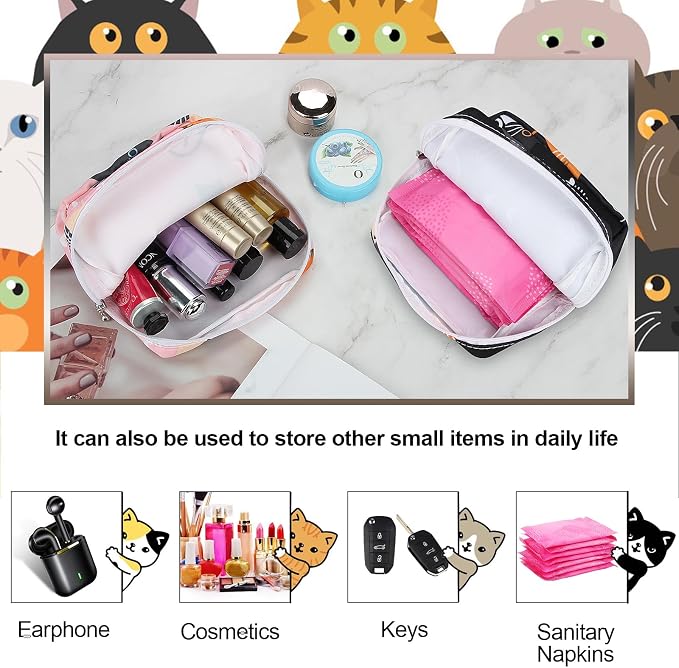 Likesing Period Bag Pouch, Canvas Sanitary Napkin Storage Bag for Girls Womens, Portable Sanitary Napkin Period Pad Pouch for Purse, Small Make Up Bags(Cat, Pink)