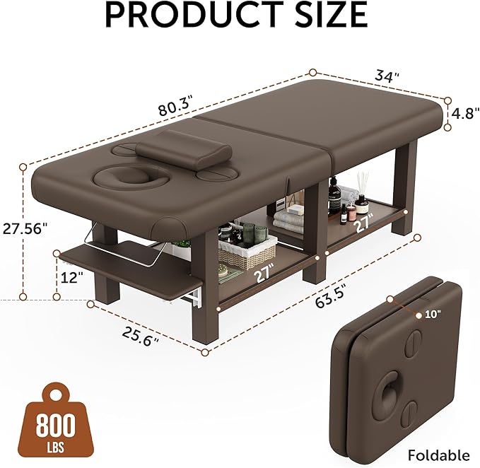 Extra Large 34''×80'' Folding Stationary Massage Table with Adjustable Backrest, Heavy-Duty Metal Frame PU Leather Treatment Bed for Spa, Physical Therapy, Tattoo, Facial & Medical Exam - Brown