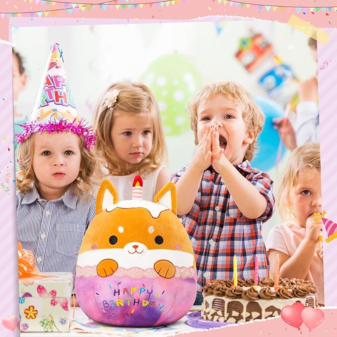 Athoinsu 14" Happy Birthday Dog Stuffed Animals Cute Shiba Inu Soft Puppy Plush Pillow Birthday Decor Toys with Candles Kawaii Plushie Gifts Toys for Toddlers Kids Boys Girls