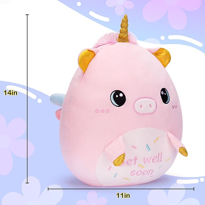 Get Well Soon Unicorn Plush Pillow Stuffed Animal Toy Patient Feel Better,14" Big Size Cute Soft Huggable Plushie,Gift for Kids Women Girl