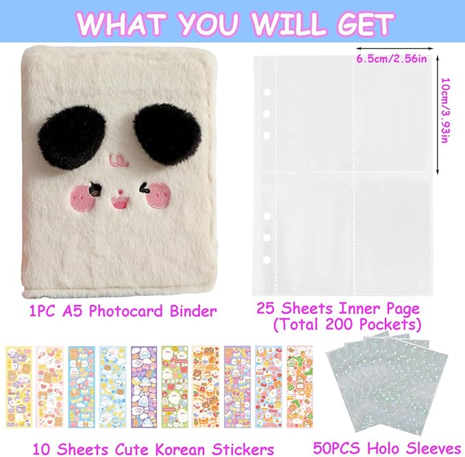 Kpop Photocard Binder with 6 Stickers Sheet & 50 Shinning Protective Sleeves Kpop Photocard Holder Book with Kpop Photocard, A5 Binder Photocard Album 30 Inner Pages with 240 Pockets (Whiteplush)