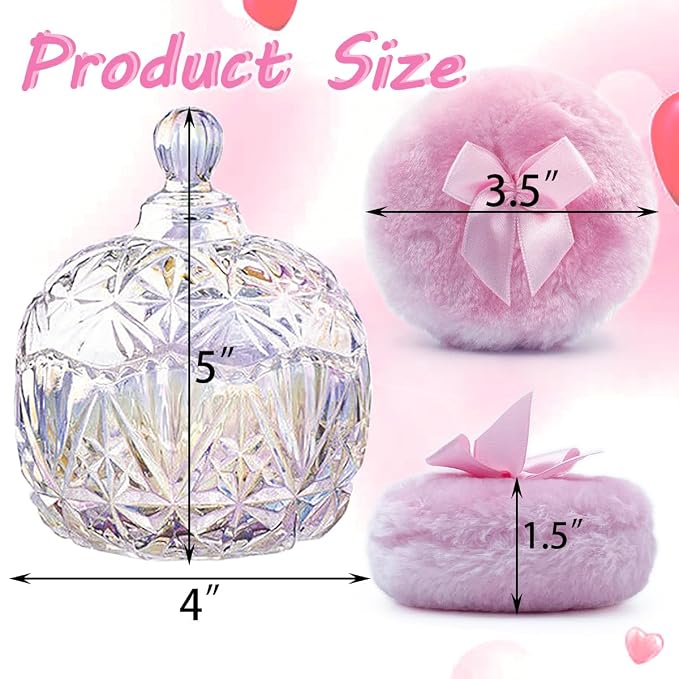 4" Glass Dusting Powder Container with 2 Fluffy Puffs,Cute 3.5" Soft Body Powder Puff and Jar Set(Crown-dazzling color)