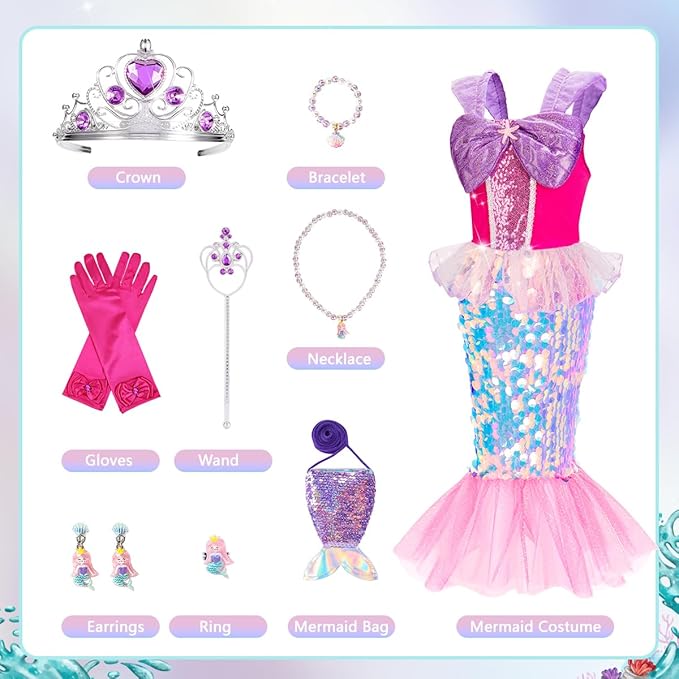 Meland Mermaid Dress - Little Mermaid Costume with Bag for Girls 3-10, Princess Dress Up for Birthday Gift, Halloween Costume