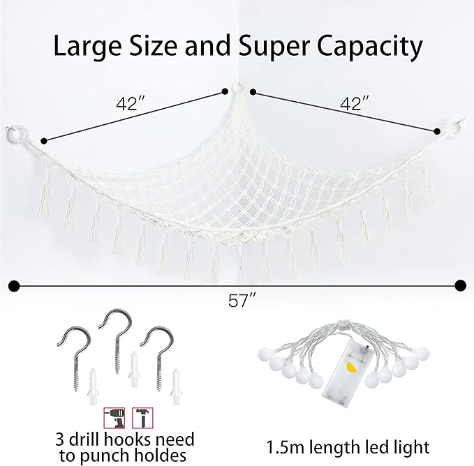 Stuffed Animal Net or Hammock with Light,Yewiwin Macrame Hanging Net Hammock for Stuffed Animal Toy Storage Organizer Boho Decor Room Holder for Nursery Play Room Bedroom (Beige-2)