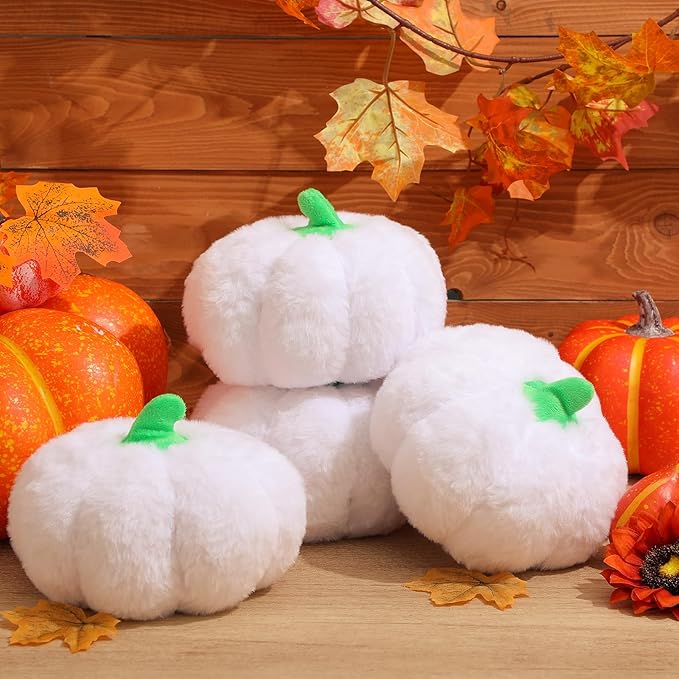 4 Pcs Pumpkin Pillows Fall Halloween Pumpkin Stuffed Animals Rabbit Hair Plush Toys Fluffy Thanksgiving Decor Throw Pillows Gifts for Kids for Home Bedroom Sofa Couch(White)