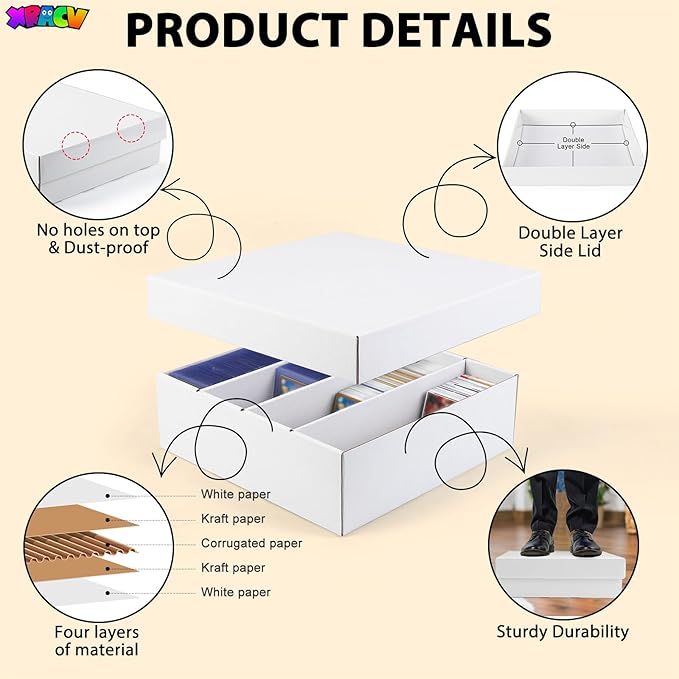 5-Pack Toploader Trading Card Storage Box, 4 Row 3200 Count White Cardboard Storage Box for Basketball/MTG/TCG/Sports/Game Cards Organizer and Collection