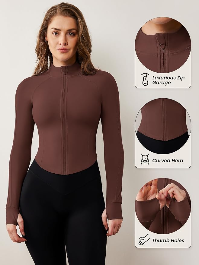 AVGO Women's Workout Jacket Lightweight Zip Up Cropped Yoga Jackets Slim Fit Athletic Tops with Thumb Holes