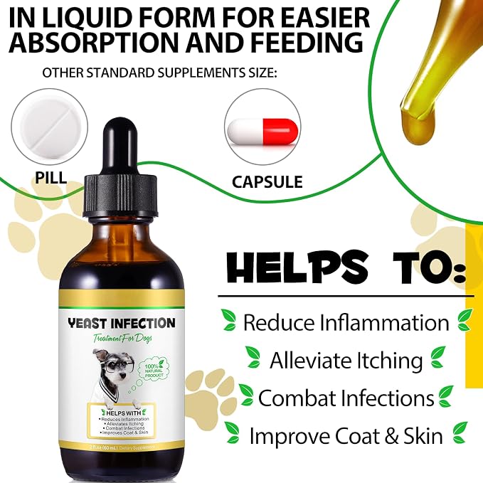 Yeast Infection Treatment for Dogs, Dog Ear Infection Treatment Yeast Ear Treatment for Itchy Dog Skin Relief, Dog Allergy Relief, Ear Infection- 4 Fl Oz / 120ml