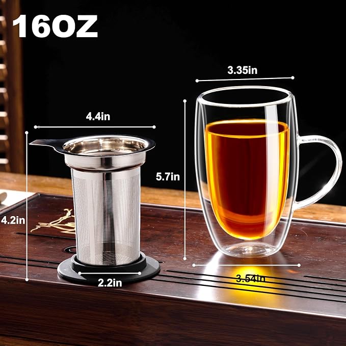 Baalaka Double Wall Glass Tea Cup With Stainless Steel Infuser and Lid, 16oz Borosilicate Glass Tea Mug, Tea Infuser for Loose Leaf Tea, Teas Gifts for Lovers