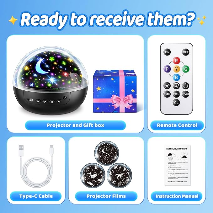 【Gift Box】 Kids Night Light Projector, 【3 Films & 93 Colors】 3 Year Old Boy Toys, [5 Brightness & Remote Control] 3 Year Old Boy Birthday Gift, Rotate Christmas Gifts for Kids Gifts