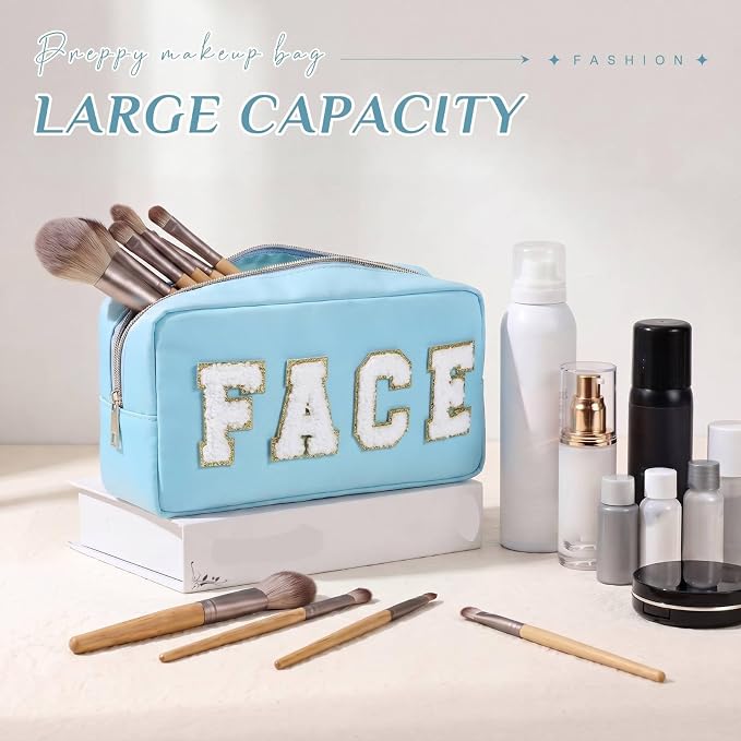 Preppy Makeup Bags Chenille Letter Stuff Bag Nylon Cosmetic Pouch Cases with Zipper for Women Travel Toiletry(Soft Pastel,Classic,4 Pcs)