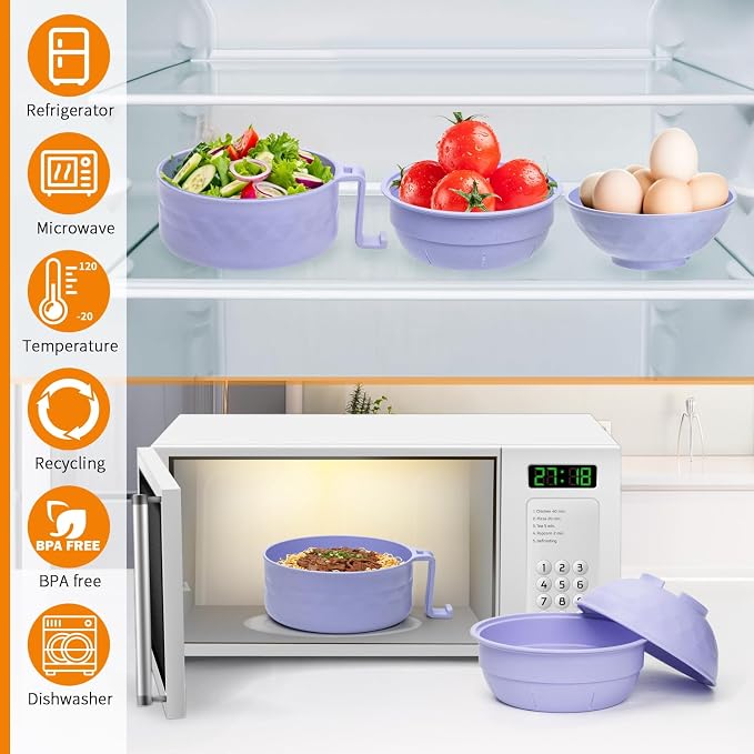Ramen Cooker,Microwave Ramen Bowl,Ramen Noodle Bowl,College Dorm Room Essentials for Girls for Boys, Portable Noodle Bowls,for Home Office Dorm Room College gift,BPA-Free(Light Purple)