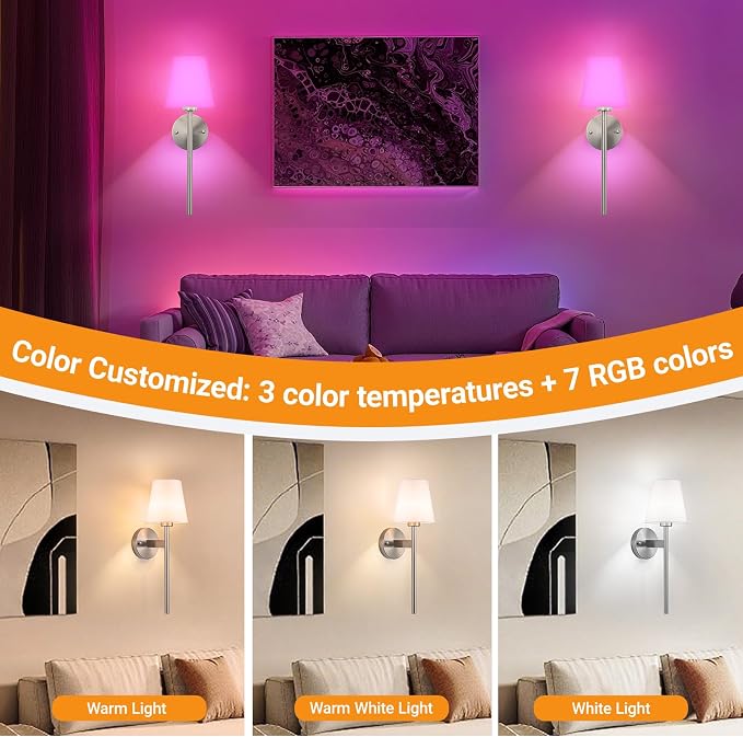 Battery Operated Wall Sconces Set Of 2, Wireless Battery Wall Light With 10000mAh RGB Rechargeable Magnetic Bulb, Rechargeable Wall Sconce With Remote Control For Bedroom, No Electrician Required