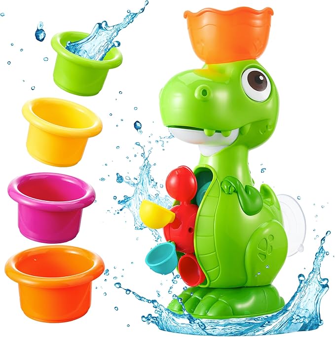 Dinosaur Bath Toys for Kids Ages 1-3, Baby Bath Toy with 4 Water Cups and Spinning Wheels, Fun Educational Bathtub Toy for Kids Age 2-4 Boys and Girls, Suction Cup Wall Mount