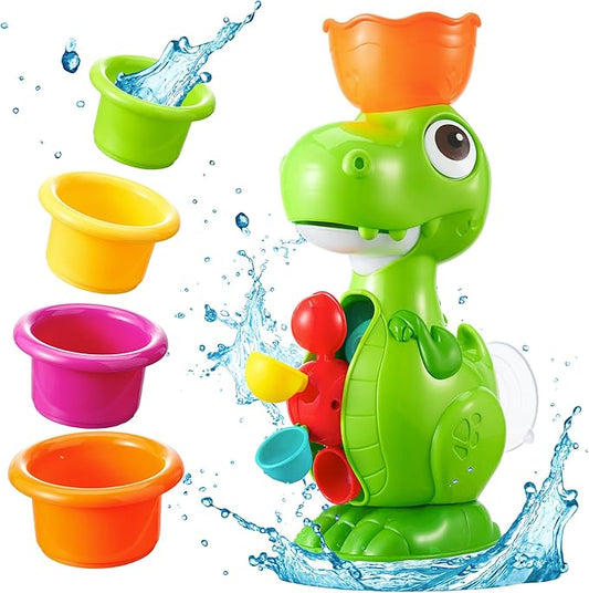 Dinosaur Bath Toys for Kids Ages 1-3, Baby Bath Toy with 4 Water Cups and Spinning Wheels, Fun Educational Bathtub Toy for Kids Age 2-4 Boys and Girls, Suction Cup Wall Mount