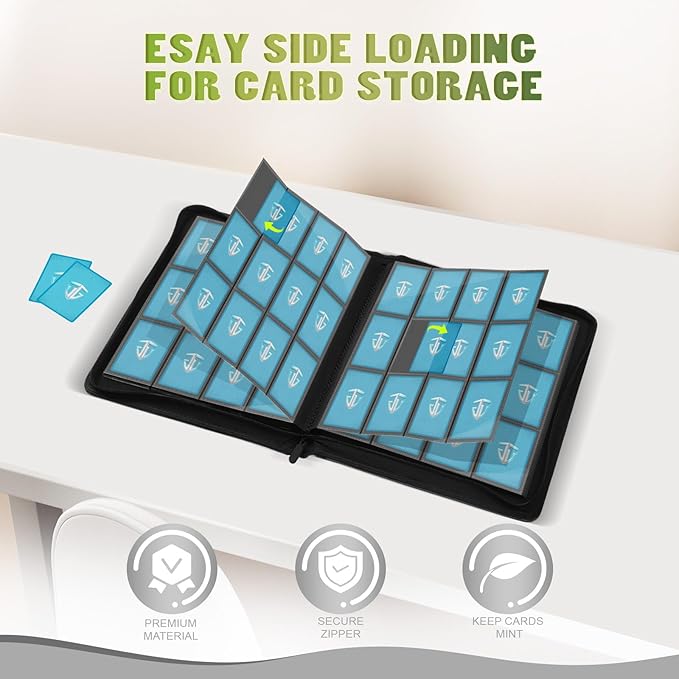 12 Pockets Trading Card Zipper Binder for 720 Cards| Secure Side Loading Pockets | Trading Card Album Folder | Compatible with YuGiOh, MTG(Black 12)