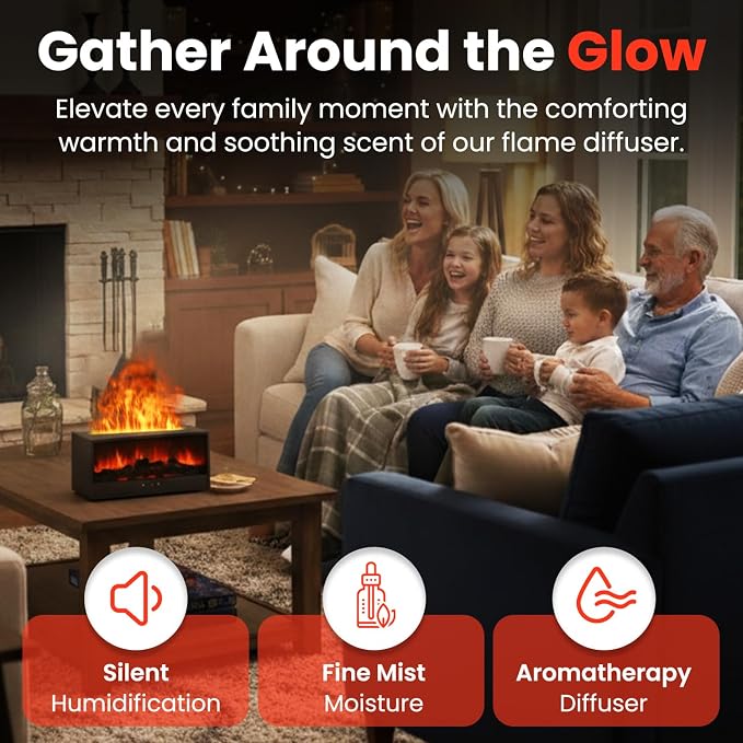 Fireplace Flame Diffuser Air Humidifier, Essential Oil Diffuser with 7 Colors Light & Timer, Auto-Off Ultrasonic Cool Mist Aroma Humidifier for Home, Bedroom, Office, Yoga(Black)