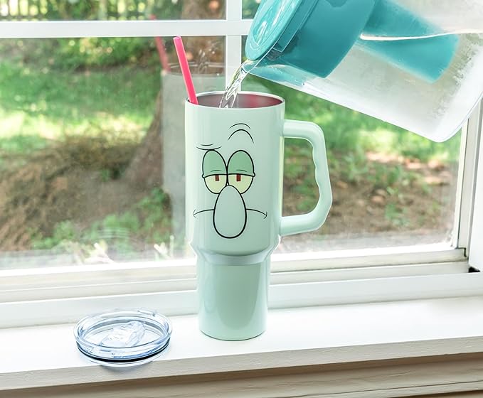 Silver Buffalo SpongeBob SquarePants Double Walled Stainless Steel Tumbler with Handle Featuring Squidward, Fits in Standard Cup Holder, 40 Ounces