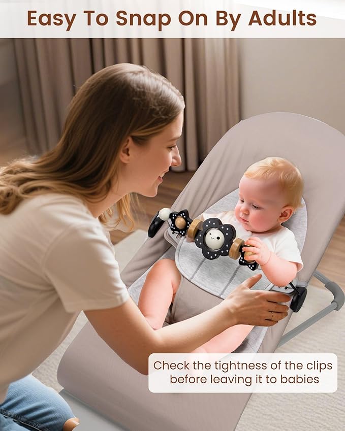 Baby Bouncer Toy Bar Wooden Compatible with Baby Bjorn Bouncer, Bouncer Toy Attachment Tight and Secure Fit, So Fun to Watch, Touch and Spin for Babies All Ages (Black and White Flower)