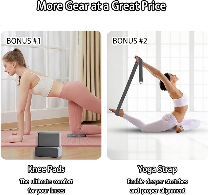 2 Yoga Blocks Supportive Accessories including 2 Knee Pads, 2 With Strap To Put Less Weight On Wrists, 1 Muscle Massage Roller, 2 Pair of Non-Slip Pilates Socks, 1 GYM Bag, Durable Versatile Yoga Brick Exercise Set of 10