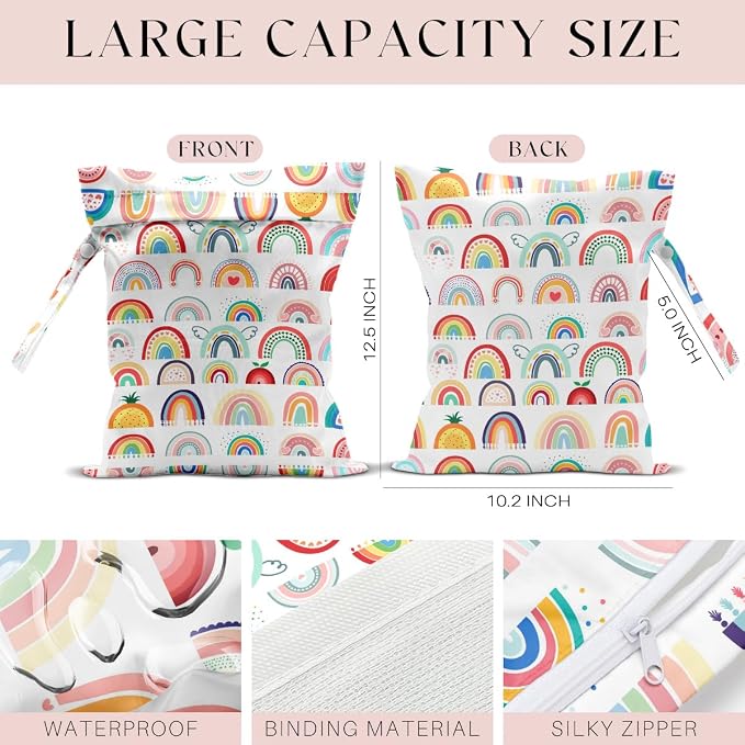 Waterproof Wet Bag for Swimsuit, Travel Beach Wet Dry Bag, Hidden Zipper Reusable Rainbow Decor, for Travel Beach Wet Swimsuits Toiletries Diapers Dirty Gym Clothes Laundry Bag