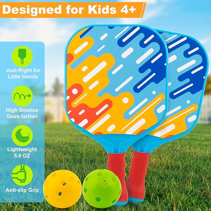 Kids Pickleball Paddles Outdoor Toys for Kid Ages 4 5 6 7 8 Year Old Boy Girl Stocking Stuffers, Beginner Easy to Use Yard Ball Games Set of 2, Lightweight Grip for Small Hands