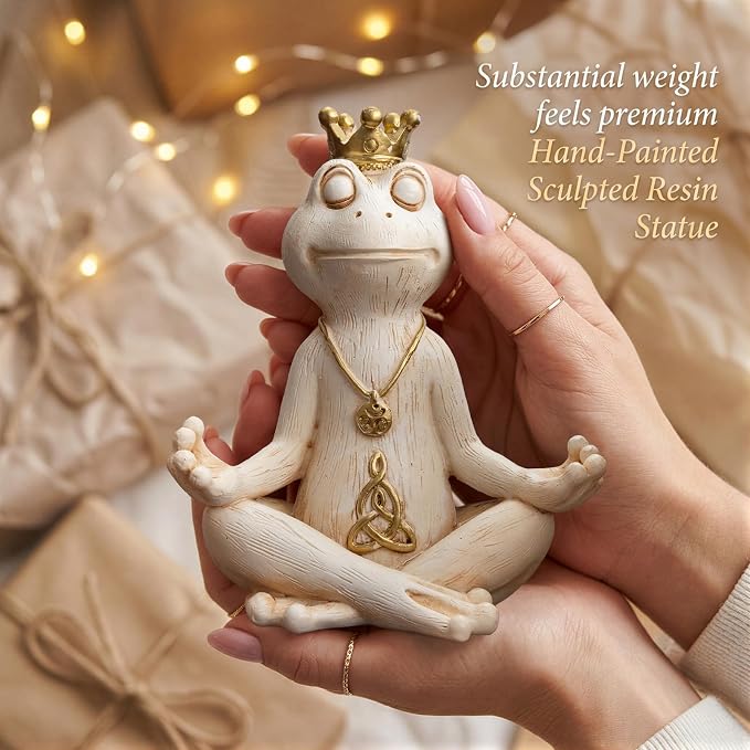 Meditating Zen Frog Statue Decor with Bonus Om Necklace - 5.8" Hand-Painted Resin Figurine - Yoga Room, Office Desk & Shelf Ornaments - Mindful Spiritual Gift for Women & Yoga Lovers (White)