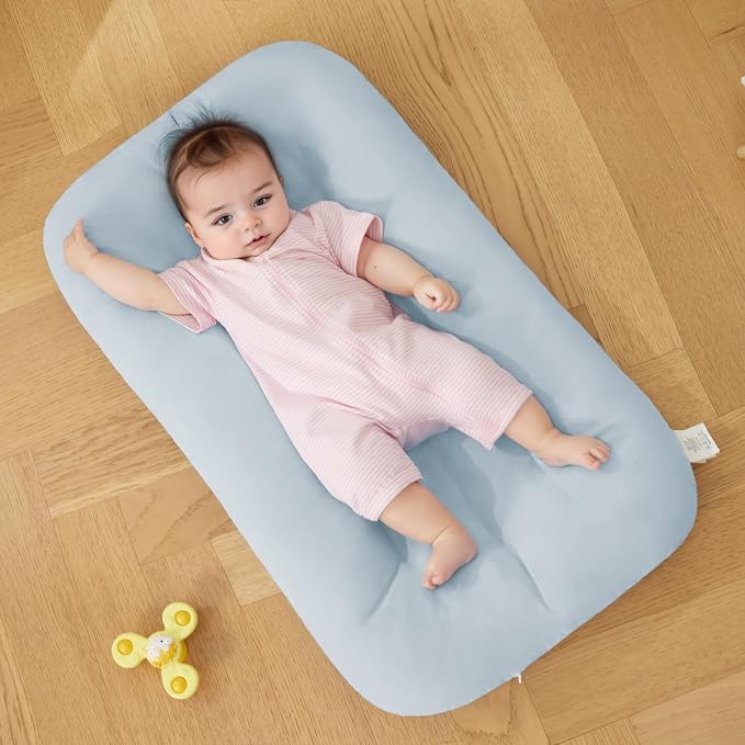 Baby Lounger for Infants Babies 0-12 Months, Bionic Organic Lounger, Soft Cotton Breathable Infant Floor Seats & Loungers for Newborn Baby Shower Gifts (Greyblue)