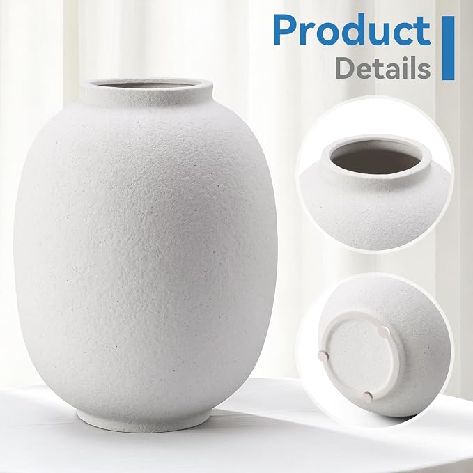Ceramic Flower Vase Home Decor,9.8 Inch Rustic Farmhouse Vases for Flowers,Vintage Table Vase for Living Room Kitchen Bedroom Shelf Office Desk Coffee Dining Fireplace (9.8"-White)