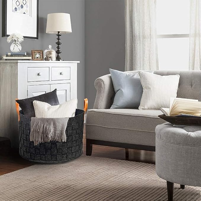 Laundry Basket 20 " x20 x11.8 , Large Round Blanket Basket with Leather Handle, Felt Storage Basket for Living Room, Nursery, Dog Toys-Dark Gray