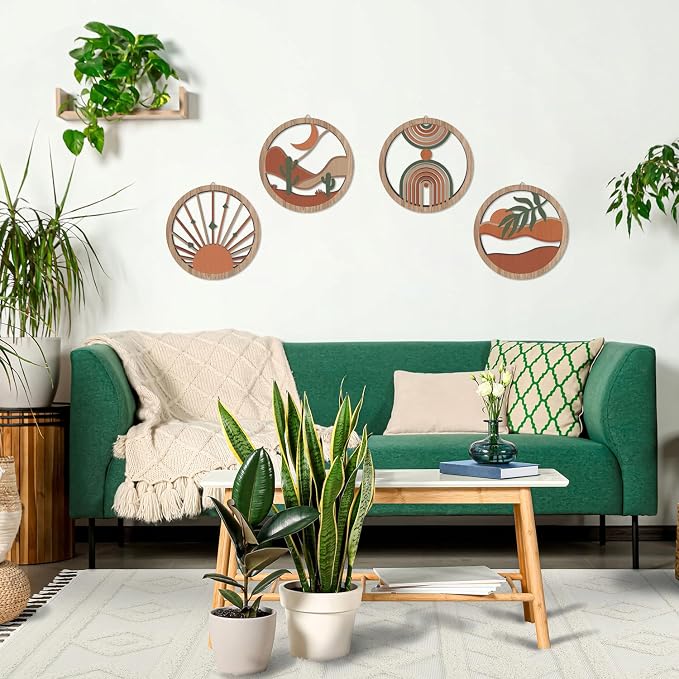 HPNIUB 4 Pcs Boho Wall Art Decor, Bohemian Geometric Hanging Wood Sign for Living Room, Aesthetic Abstract Desert Cactus, Minimalist Farmhouse Botanical Wooden Plaque for Apartment Bedroom(10''x10'')