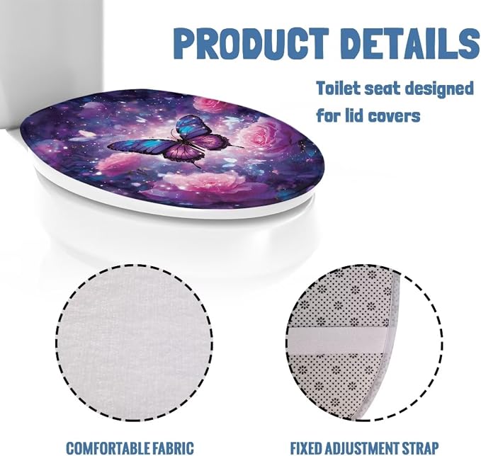 Purple Butterfly Toilet Lid Cover with Elastic Bottom for Bathroom Butterflies Toilet Seat Pads Universal Toilet Tank Cover Replacement Bathroom Dust Cover Replacement