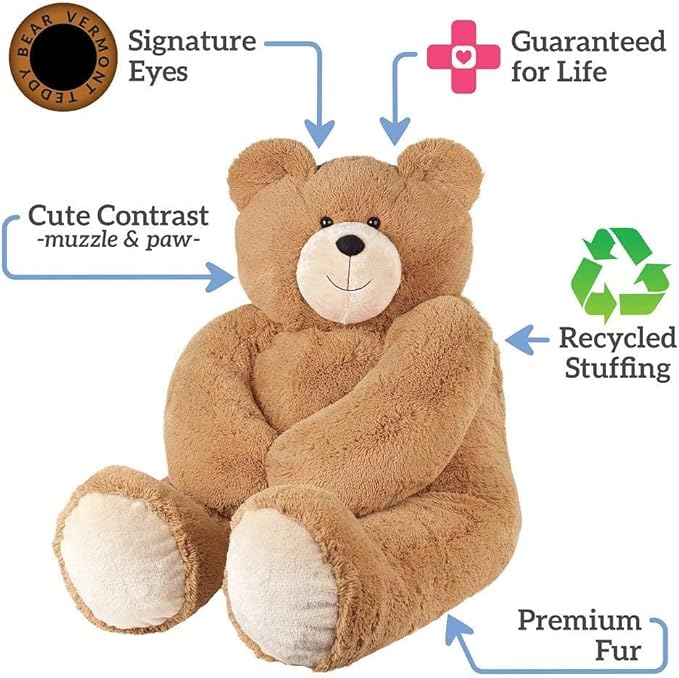 Vermont Giant Teddy Bear 4 Feet | Eco-Friendly Large Stuffed Animal | Stuffed in USA with 100% Recycled Filling That Saves 200 Bottles per Plush