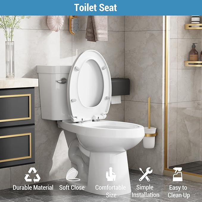 Elongated Toilet Seat Cover – PP Locking Hinge Toilet Seat with Flat Lid, White Slow Close Design for Standard Elongated Toilets, Durable & Easy to Clean
