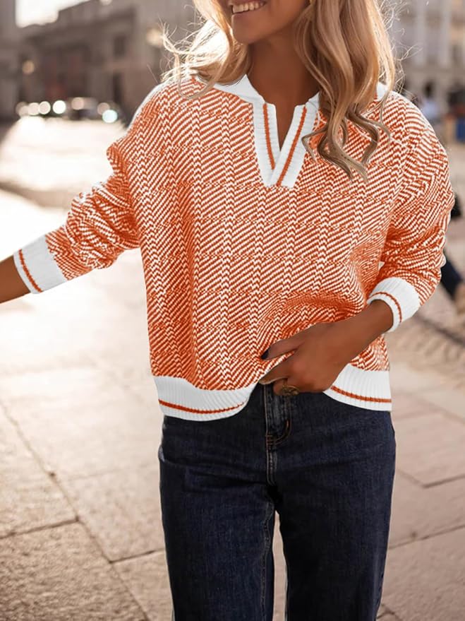 Saodimallsu Womens Fall Sweaters Tops Lapel V Neck Knit Color Block Shirt | Winter,Long Sleeve,Casual,Soft,Pullover,Cozy,Ribbed,Ladies,Chunky,Warm Sweaters,Checkered,Tunic,Work