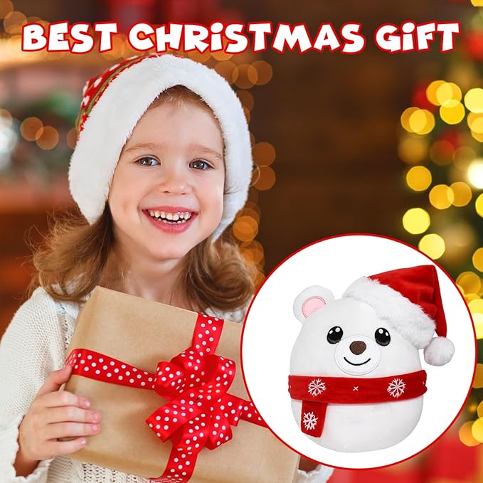 Christmas Stuffed Animal, Polar Bear with Christmas Hat Plush, Cute Plushies for Kids Holiday Decorations and Gifts (Polar Bear)