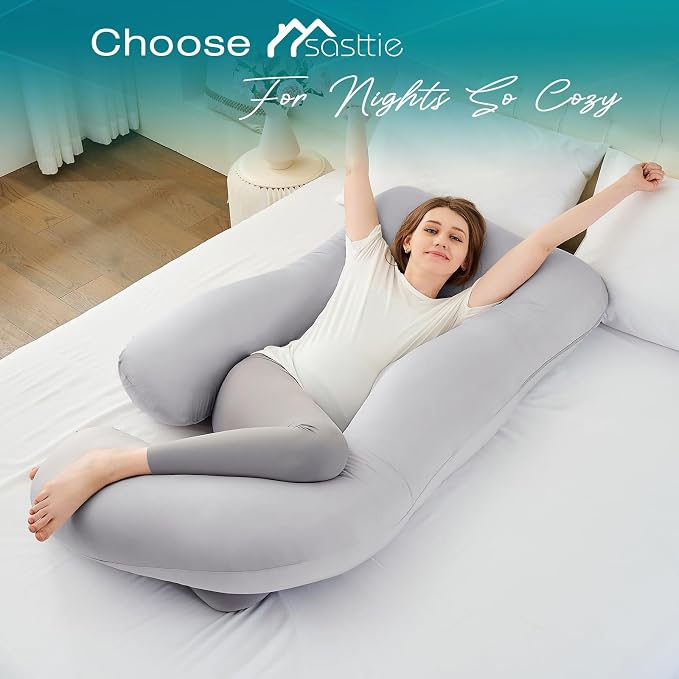Sasttie Cooling Pregnancy Pillows for Sleeping, U Shaped Full Body Pillow with Removable Cover, Pregnant Women Must Haves, Maternity Essential, Light Grey