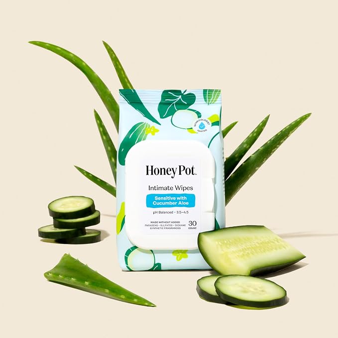 The Honey Pot Company - Sensitive w/Cucumber Aloe Feminine Hygiene Wipes - pH Balancing, Herbal Infused Plant-Based Feminine Care for Sensitive Skin - Cleansing Wipes for Women - 30ct