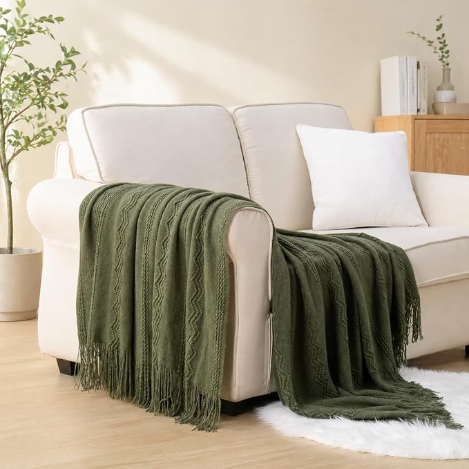 BATTILO HOME Olive Green Throw Blanket for Couch, 50"x60" | Dark Green Blanket with Tassels for Home Decor, Decorative Knitted Throw Blanket for Couch Cover