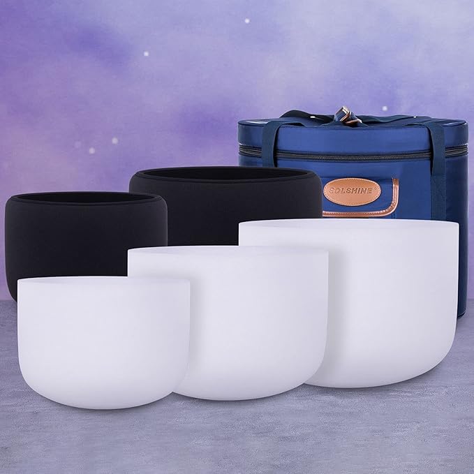 SOLSHINE 3PCS 8inch 10inch 12inch Crystal Singing Bowl Set 432Hz,Ｃ F B Chakra Tuned with Sounds Bowl Mallet Suede Strikers and O-rings, Carry Bag for Meditation, Yoga, Spiritual, Body Healing