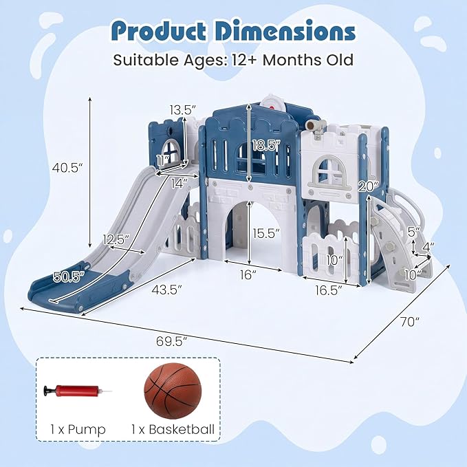 Costzon 8 in 1 Toddle Slide Playset, Freestanding Kids Slide w/Tunnel, Basketball Hoop, Toddler Climber Slide Playset Indoor Playground for Kids 1-3 w/Storage Space, Gifts for Boys Girls (Blue)