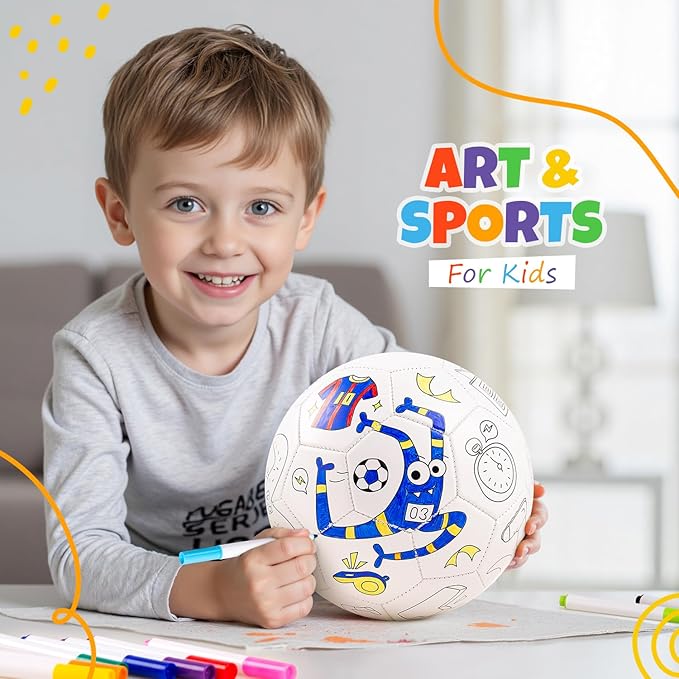 EVERICH TOY Paint Your Own Soccer Ball with Markers, Toddler Arts and Crafts Soccer Gifts, Kids Soccer Ball Size 3 Monster Toys for Boys Girls, Sports Drawing DIY Design Color Play Ball Game with Pump