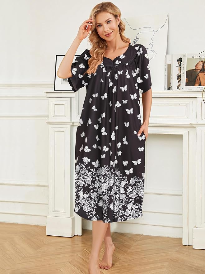 House Dresses for Women with Pockets Moo Moo Nightgown Short Sleeve Mumu Dress Lounge Dress S-3XL