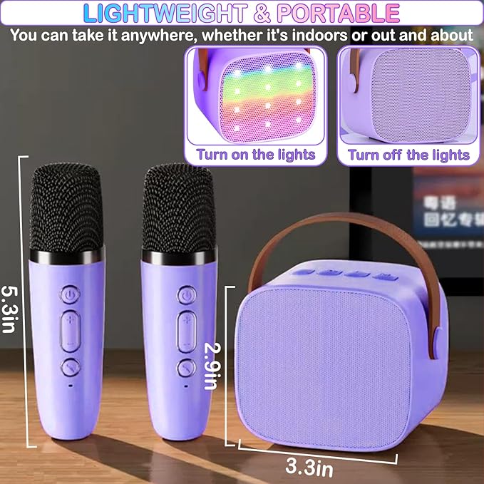 Portable Bluetooth Karaoke Speaker with 2 Wireless Microphones & LED Lights for Kids Birthday Parties