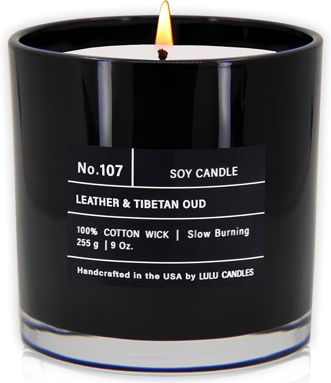 Lulu Candles | Leather & Tibetan Oud | Luxury Scented Soy Jar Candle | Hand Poured in The USA | Highly Scented & Long Lasting- 9 Oz.