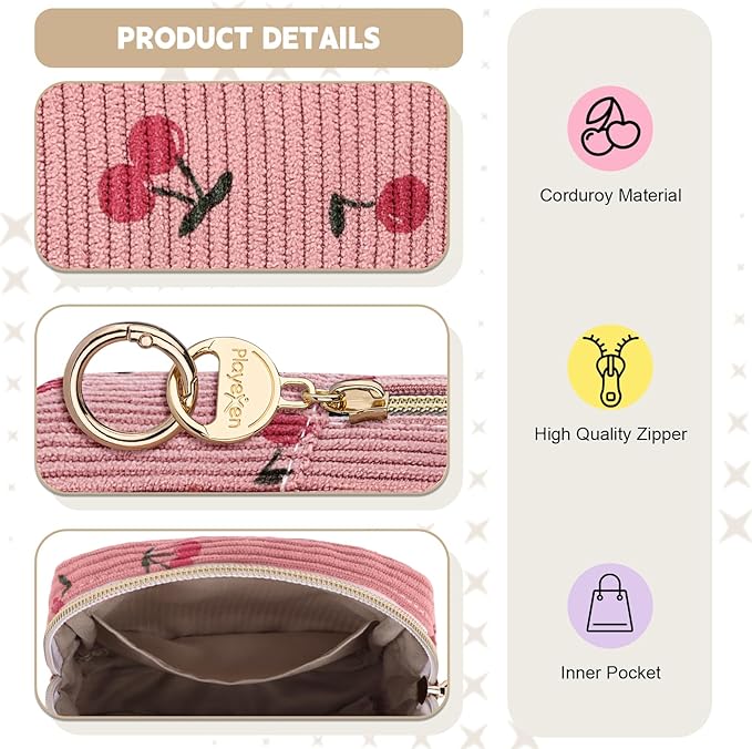 Period Bag for Teen Girls, Corduroy Sanitary Napkin Storage Bag, Menstrual Pad Pouches Tampon Holder for Purse (Cherry-Light Pink)