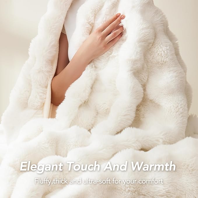 L'AGRATY Faux Rabbit Fur Throw Blanket for Couch, 50'' x 60'', Cream White | Soft Cozy Bubble Fluffy Blanket for Sofa Bed, Thick Warm Plush Fuzzy Throw for Room Home Decor, Luxury Gift for Women Mom