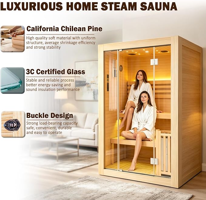 Steam Sauna, 2-4 Person Traditional Indoor Sauna with 3KW/240V Stove Heater | Chilean Pine Wood Sauna Room with Wooden Barrel and Spoon, Sauna Stone, Hygrometer, Cup Holder, LED Lighting, Speaker
