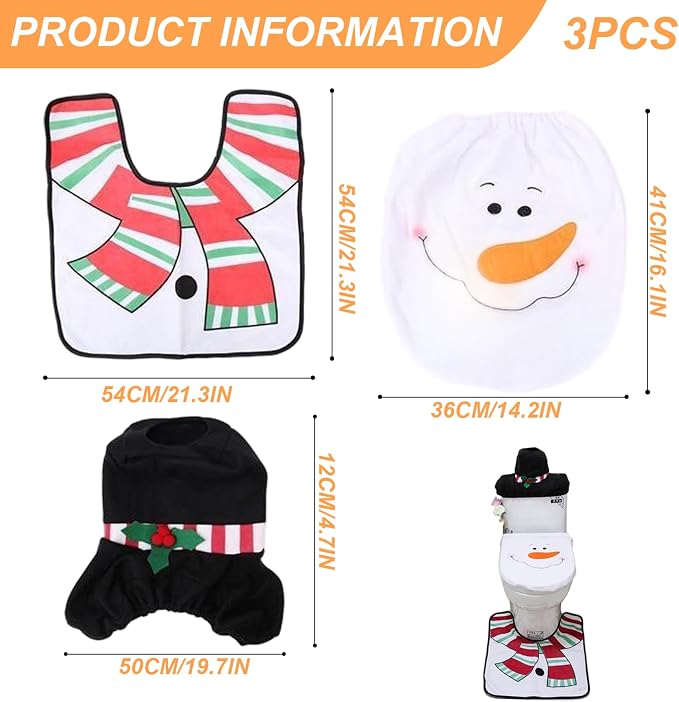 NIDONE Toilet Seat Cover, Christmas Bathroom Sets Includes Xmas Theme Snowman Toilet Seat Cover, Rugs, Tank for Xmas Indoor Decor Party Favors