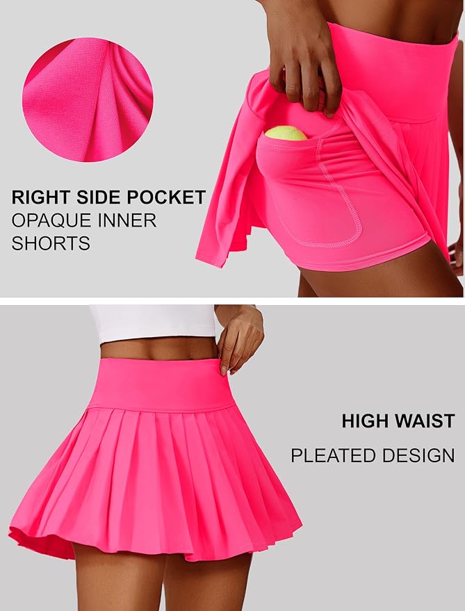 PINSPARK Pleated Tennis Skirts Mini Athletic Golf Skorts with Pocket | 14", High Waist, Lightweight, Quick Dry, Stretchy, Inner Shorts, Sun Protection, Pickleball, Casual, for Women
